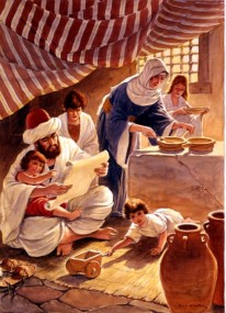 Father reads the Scriptures from a scroll to his family as the mother prepares food to eat.