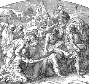 Simon of Cyrene is compelled to carry Jesus' cross